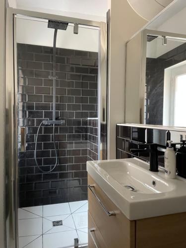 ein Bad mit einer Dusche, einem Waschbecken und einem Spiegel in der Unterkunft UNE TERRASSE SUR LES TOITS in Aix-en-Provence