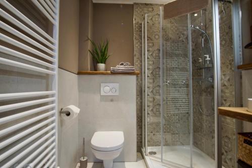 uma casa de banho com um WC e um chuveiro em Haus Silvie 