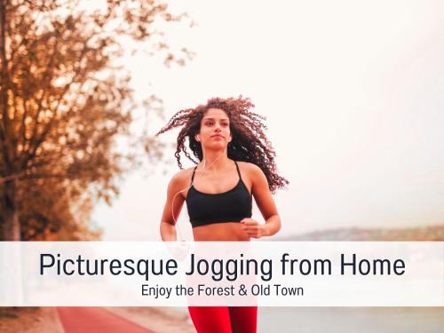 a woman running on a road with the words pilgrimactive jogging from home at Familien- & Hundeparadies & Kamin in Weyarn