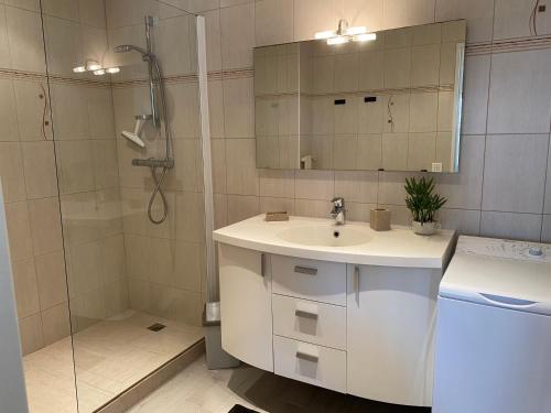 Un baño con lavabo y ducha en Joli appartement calme avec vue piscine, en Mandelieu-la-Napoule
