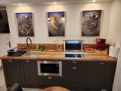 une cuisine avec un évier et un plan de travail avec des photos sur le mur dans l'établissement Love Room romantique avec Jacuzzi 2 places, à Perpignan