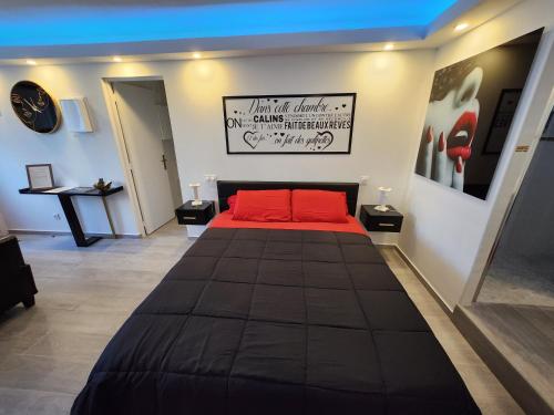 een slaapkamer met een bed met rode kussens erop bij Love Room romantique avec Jacuzzi 2 places in Perpignan