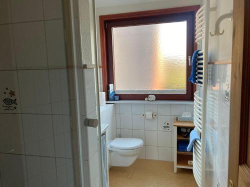 a bathroom with a toilet and a window at Ferienwohnung-Schwertmuschel-im-Haus-Muschelgarten in Alkersum