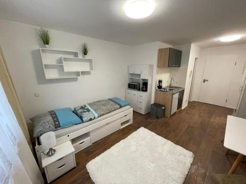 een kleine slaapkamer met een bed en een keuken bij Mimalou Apartment in Glauchau in Glauchau