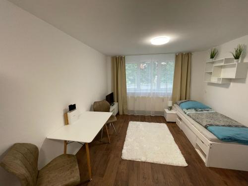 een kleine kamer met een bed en een bureau bij Mimalou Apartment in Glauchau in Glauchau