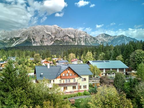 an aerial view of a town with mountains in the background at Vorberghof in Ramsau am Dachstein