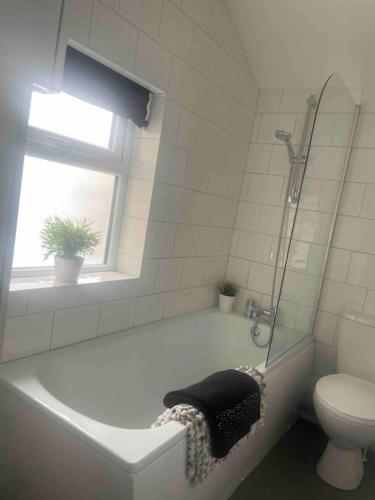 a bathroom with a tub and a toilet and a window at Cosy modern one bedroom flat in Hartlepool