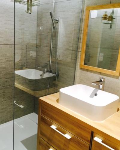 une salle de bain avec un lavabo et une douche dans l'établissement Le petit Opéra, à Lyon