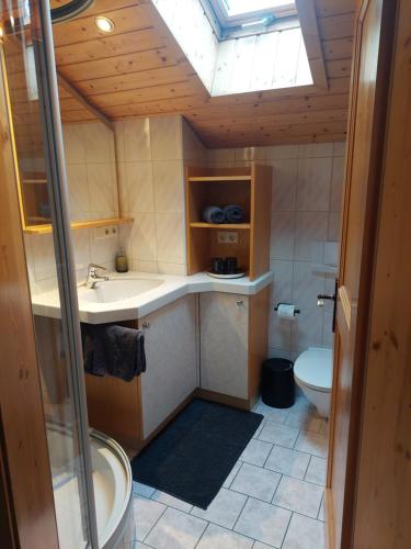 a bathroom with a sink and a toilet with a skylight at Bergmomente Montafon Ferienhaus Bitschweil in Tschagguns