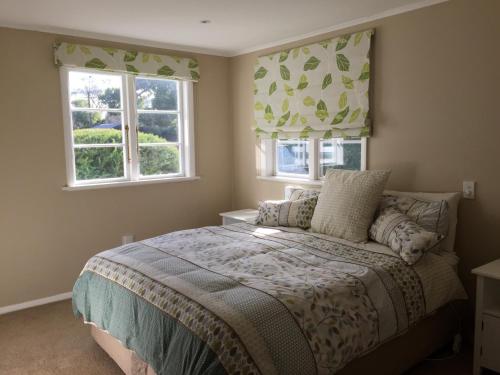 a bedroom with a bed and two windows at Te Moana Bed & Breakfast in Waikanae