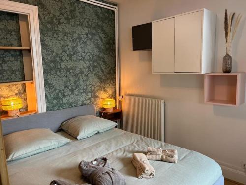 - une chambre avec un lit avec deux chaussures dans l'établissement Dijon Studio *Balnéo du Condorcet*, à Dijon