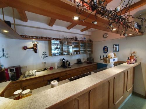 a large kitchen with a large counter in a room at Landhaus Sorbitzgrund in Rohrbach