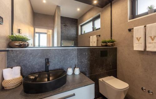 a bathroom with a black sink and a toilet at Villa Vie in Medulin for 10 people with heated pool, wellness and home cinema in Medulin