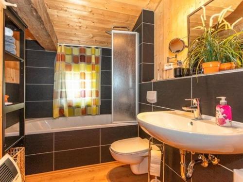 a bathroom with a sink and a toilet and a shower at Almhütte Bairau Kaser in Lofer