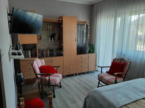 a bedroom with a bed and two chairs and a television at Aranyos Apartman in Hajdúszoboszló