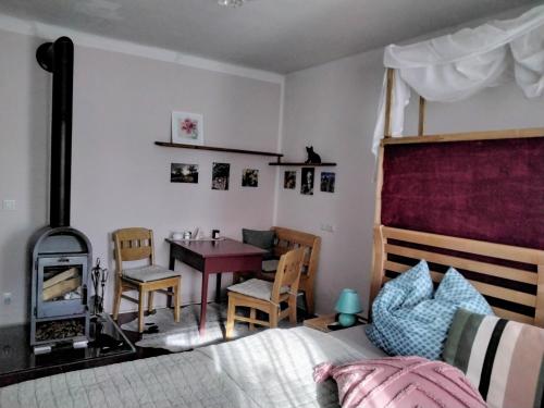 Schlafzimmer mit einem Bett, einem Tisch und Stühlen in der Unterkunft Gemütlichkeit am Vierkanthof - Apartment 1 in Wörterberg