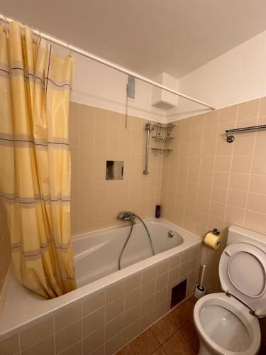 a bathroom with a bath tub and a toilet at Apartment4 you in Vienna