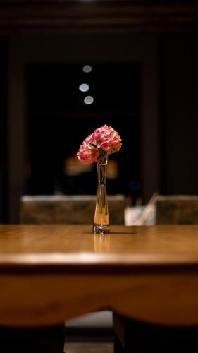 a vase filled with pink flowers sitting on a table at Casa de Huéspedes La Azul in Los Árboles