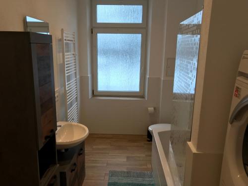 La salle de bains est pourvue d'un lavabo et d'une fenêtre. dans l'établissement Mimalou Apartment in Zwickau, à Zwickau