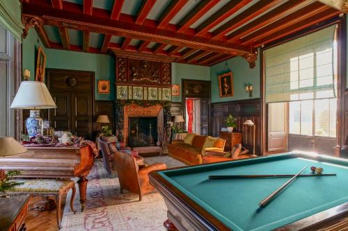 um quarto com uma mesa de bilhar e uma sala de estar em Château de Thouaré em Thouaré-sur-Loire