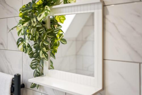a mirror on a wall next to a plant at Large, newly renovated, three bedroom TOWN CENTRE split level apartment with free parking, sleeps seven - Walking distance to beach in Bournemouth