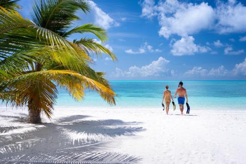two people walking on a beach with a palm tree at Atmosphere Kanifushi - Premium All Inclusive with Free Transfers in Lhaviyani Atoll