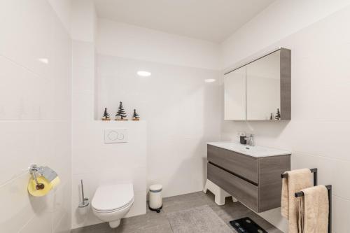a white bathroom with a toilet and a sink at Mountain View - by myNests in Gröbming
