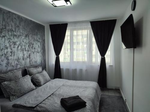 ein Schlafzimmer mit einem Bett und einem großen Fenster in der Unterkunft Naty's Place! in Sibiu