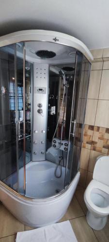 a bathroom with a shower and a toilet at Pokoje Goscinne in Orzesze