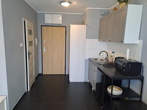 eine kleine Küche mit einer Theke und einem Waschbecken in der Unterkunft Apartament Kryształowy in Stettin