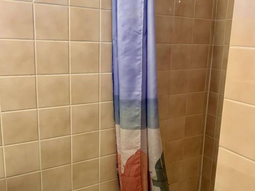 une douche avec un rideau de douche dans une salle de bain dans l'établissement Charmant T3 rénové, jardin privatif, plage à pied, clim, parking, 4 pers. - FR-1-607-153, au Cap d'Agde