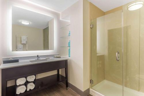 a bathroom with a sink and a shower at La Quinta by Wyndham Chicago Downtown in Chicago