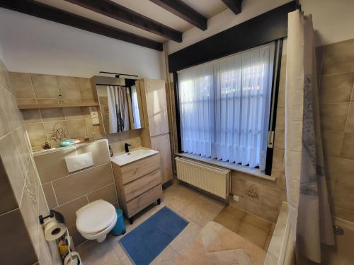 uma casa de banho com um WC, um lavatório e uma janela em Leuke authentieke vakantiewoning voor 6 personen em Oedelem