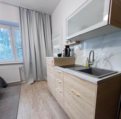 a kitchen with a sink and a large window at Apartamenty Pokoje Willa Bielany in Warsaw