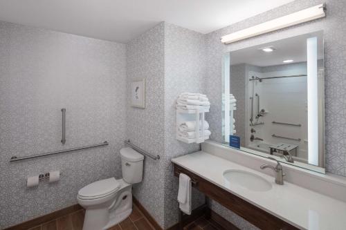 a bathroom with a toilet and a sink and a mirror at Hampton Inn Green Bay Stadium, Wi in Green Bay