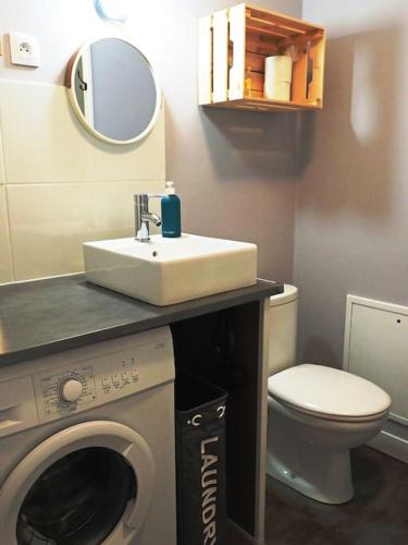 une salle de bain avec un lavabo et une machine à laver dans l'établissement Studio agréable dans résidence, à Joué-lès-Tours