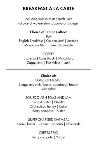 a list of the menu for the breakfast a la carte at Surf House Santai Villa Balian in Tabanan