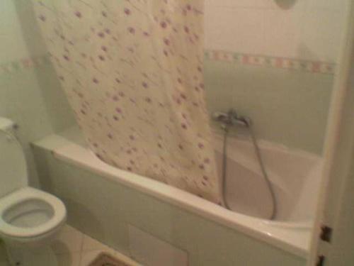 a bathroom with a toilet and a tub with a shower curtain at My Second Home in Tunis