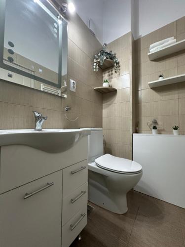 een badkamer met een witte wastafel en een toilet bij Cazare central Sinaia, Romania in Sinaia
