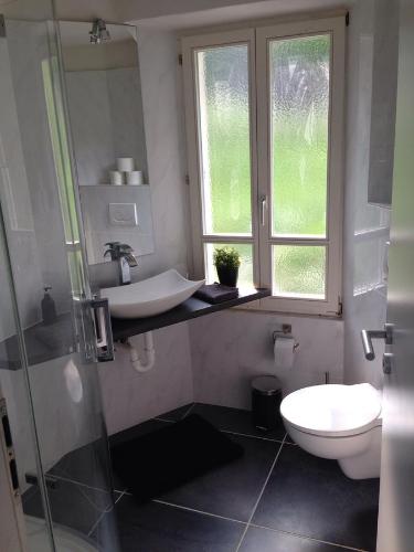 a bathroom with a sink and a toilet and a window at CS Casa Serena in Vairano