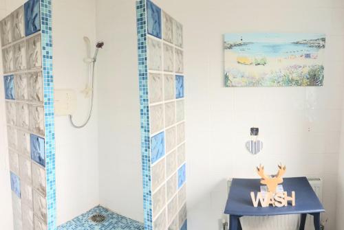 baño con ducha y pared de azulejos azules y blancos. en Large Buncrana Holiday Home - 2min drive to Beach, en Garrynabullogy