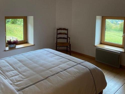 a bedroom with a bed and a chair and two windows at Guestroom Basse-sur-le-Rupt, 1 pièce, 2 personnes - FR-1-589-624 in Basse-sur-le-Rupt