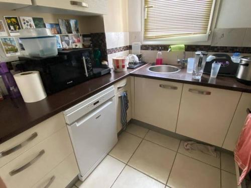 a kitchen with a sink and a counter top at Appart sympa, vue sur le lagon à Saint-Gilles les bains in Saint-Gilles les Bains