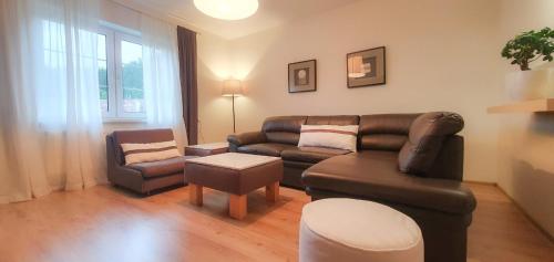 ein Wohnzimmer mit einem Ledersofa und einem Stuhl in der Unterkunft Apartamenty Bystrzycka 63 in Polanica-Zdrój