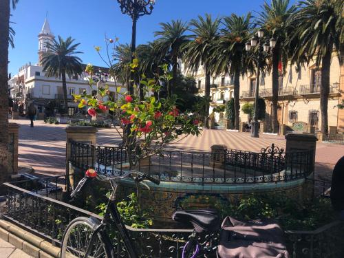 a bike parked in front of a fountain with flowers at Estudio Colón in Ayamonte