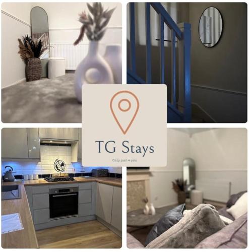 a collage of pictures of a kitchen and a tg stays logo at Cozy 3 bedroom House in Great Billing