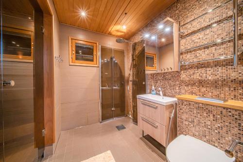 a bathroom with a toilet and a sink and a shower at Ulkuvilla in Levi