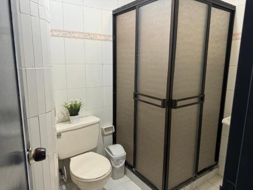 uma casa de banho com um WC e um chuveiro em Apartamento completo con terraza y piscina em Armênia