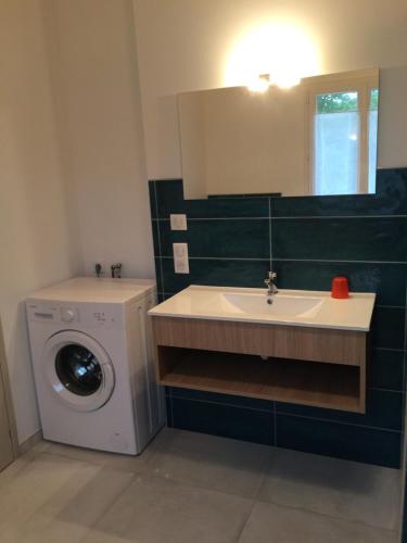 une salle de bain avec une machine à laver et un lavabo dans l'établissement Boinot Lodge, au Château-dʼOléron