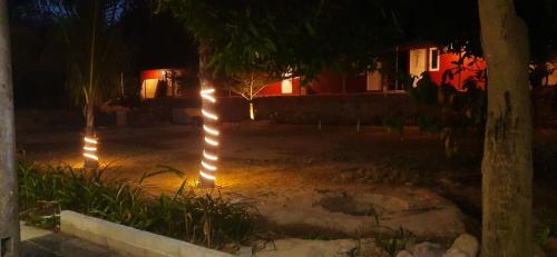 a string of lights in front of a house at night at Spazio Hotel in Karimunjawa